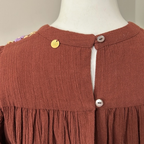 Antik Batik Top Line Embroidered Blouse Brown Hand Stitched Anthro Sz XS NEW - Picture 9 of 16